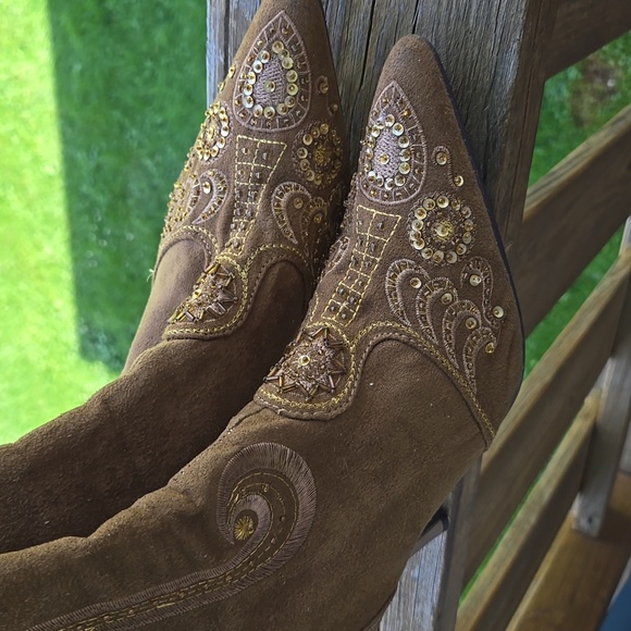 Milano Womens 7.5 Embroidered Brown Spiked Heel Boots - Picture 4 of 6